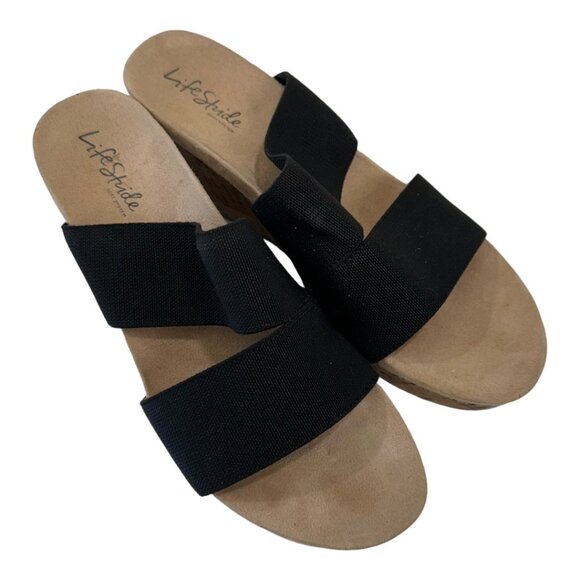 LifeStride Womens Black Elastic Cork Wedge Sandals Size 9W Casual Comfort Shoes - Picture 12 of 14